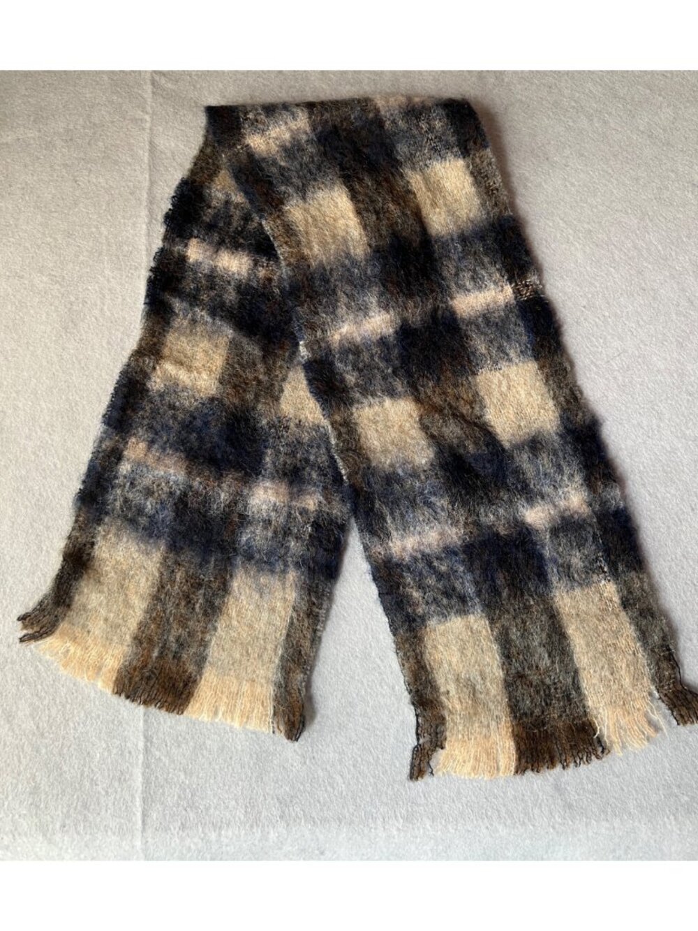 Vintage Scarf Mohair Wool Plaid Germany 48" X 9" Upcycle Suitable Neutral Colors
